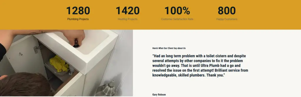 Ultraplumb NE website showing service stats and a customer testimonial beside an image of plumbing work.