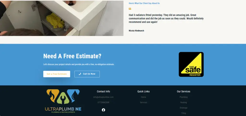 Website footer section featuring a Gas Safe logo and a call to action for a free plumbing estimate.