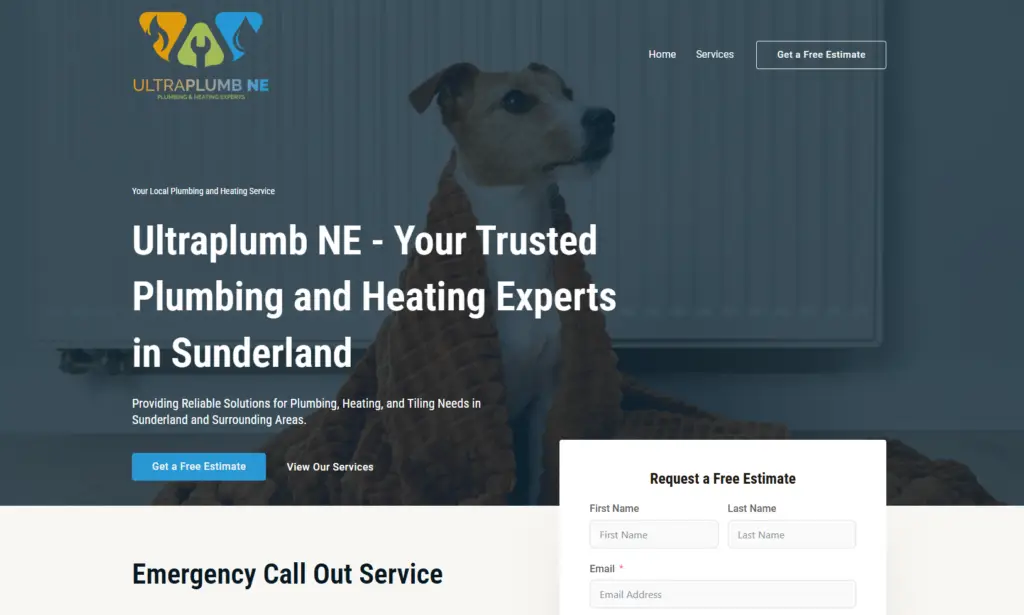 Close-up of Ultraplumb NE’s homepage with a Jack Russell dog and bold plumbing and heating service headline.