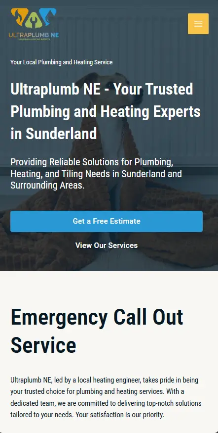 Mobile version of Ultraplumb NE website with service headline and call to action buttons.