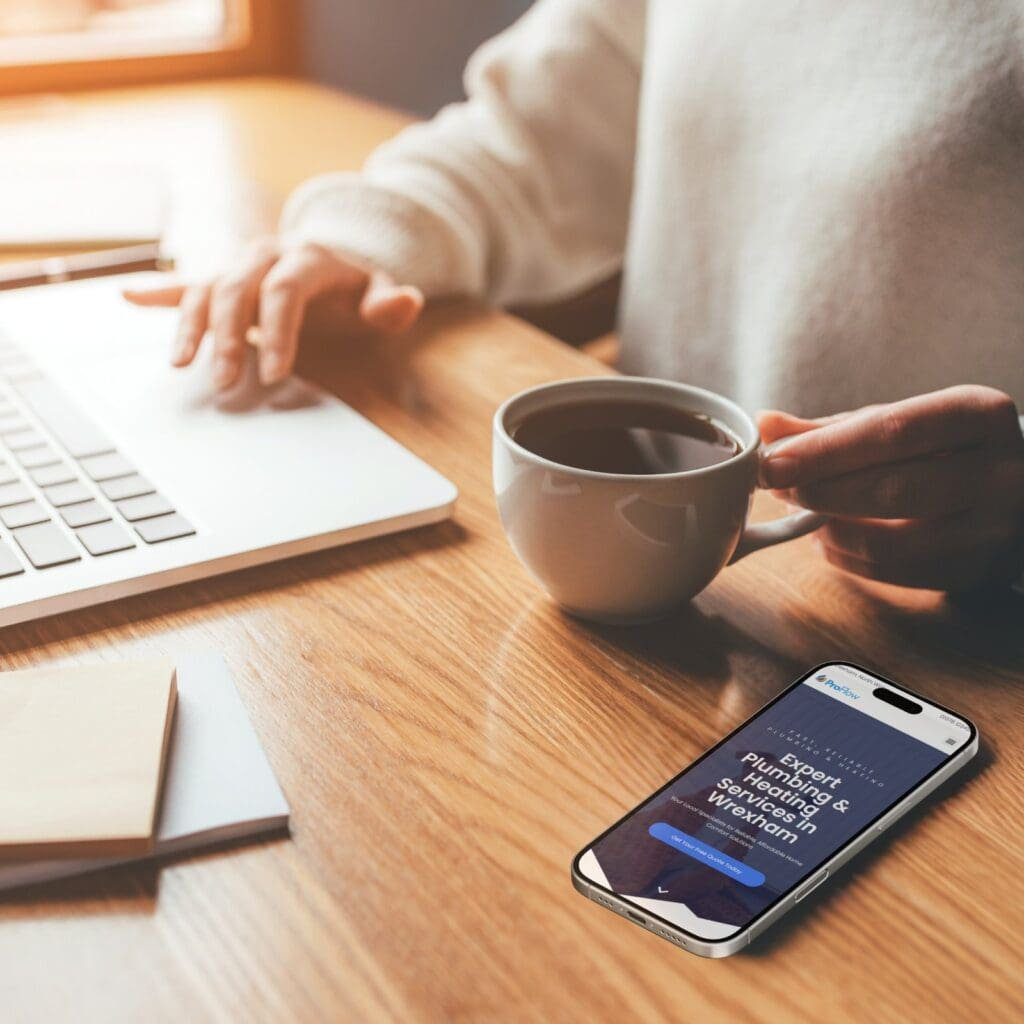 Person working on a laptop with a cup of coffee, mobile phone showing a plumbing website nearby.
