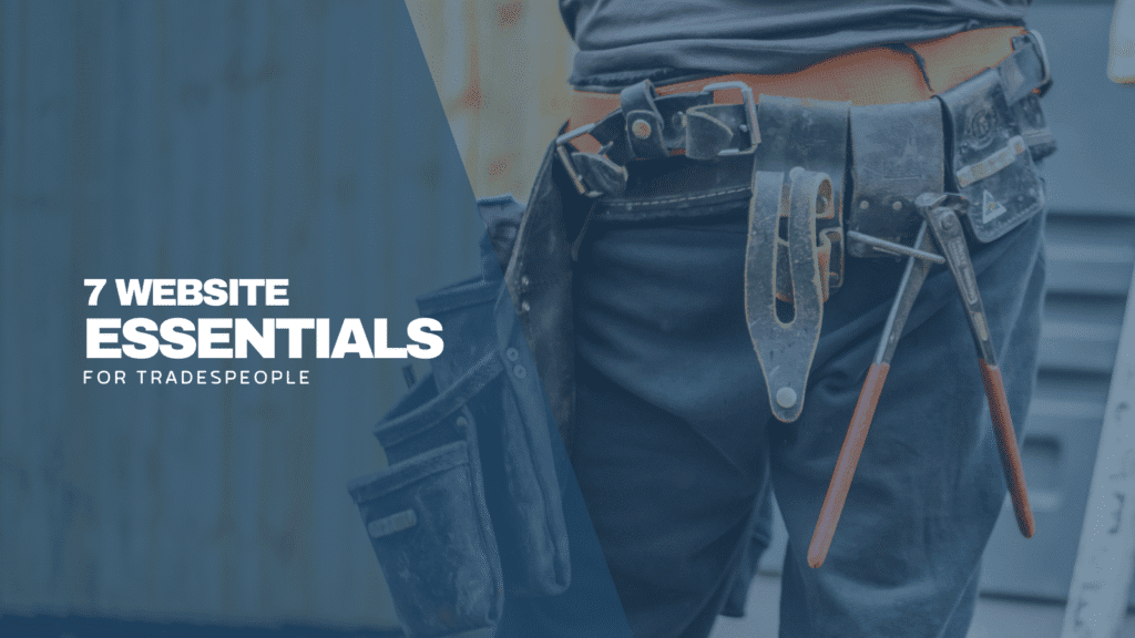 Close-up of a tradesperson's tool belt with text overlay promoting trade website tips.