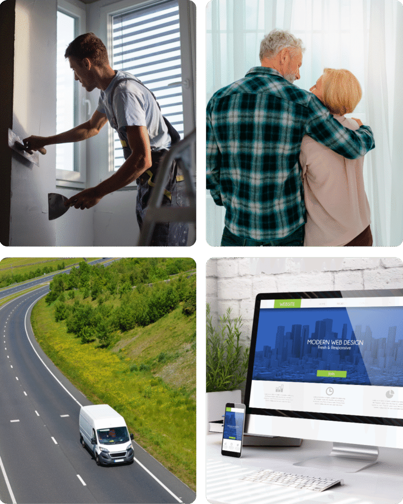 A 4-image collage showing a plasterer, elderly clients, a white van on a road, and a modern web design on a desktop computer.