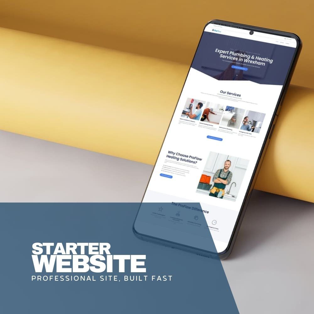 Smartphone showing a Starter Website for a plumbing business with text that reads “Professional Site, Built Fast.”