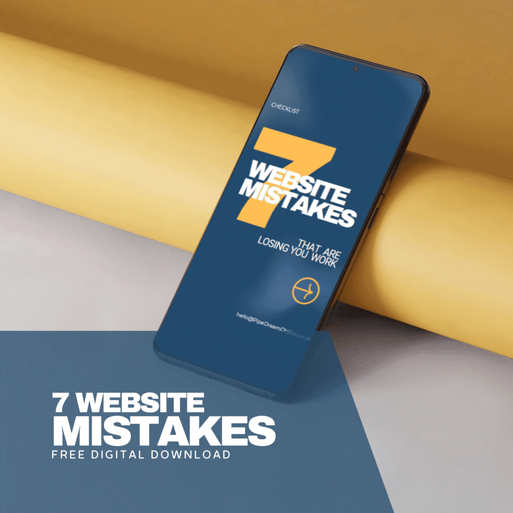 Smartphone mockup showing a cover image titled "7 Website Mistakes That Are Losing You Work" on a dark blue background. A digital checklist designed to help UK tradespeople improve their websites.